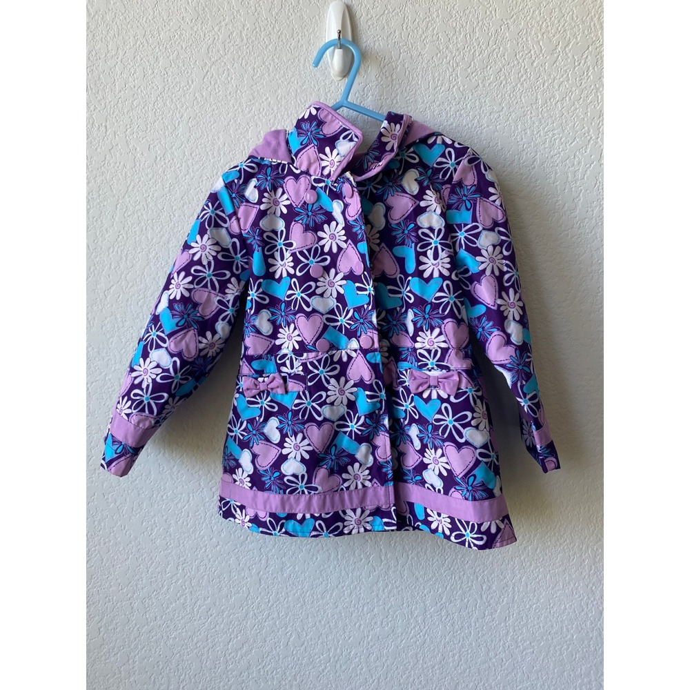 London Fog Girls Floral Heart Whimsical Hooded Raincoat Size 3T Purple Blue